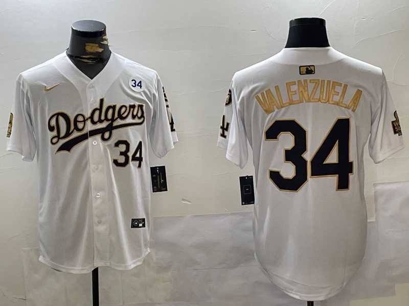 Mens Los Angeles Dodgers #34 Toro Valenzuela White Gold 2024 World Series With Fernando Memorial Patch Limited Stitched Jersey